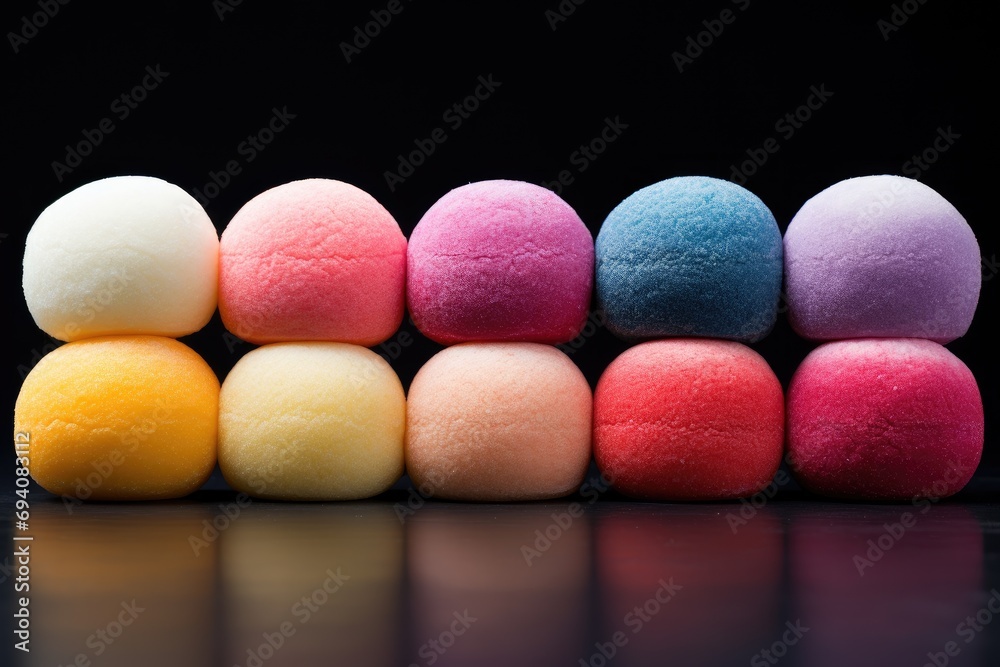 Colorful mochi in a row on black Colorful mochi in a row on black