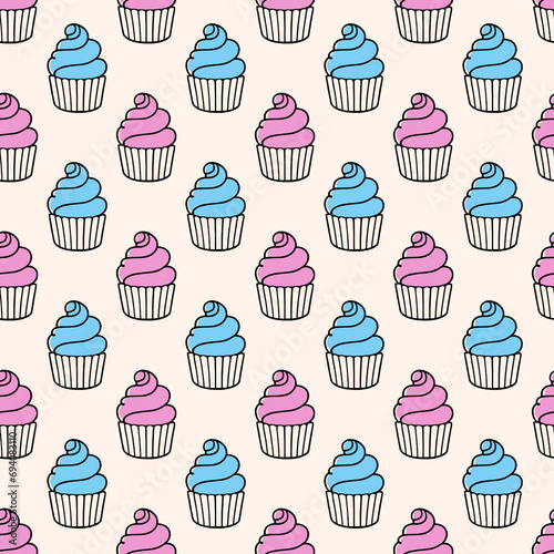 Cute cupcakes with cream seamless pattern background.