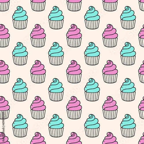 Cute cupcakes with cream seamless pattern background.