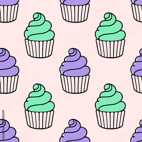 Cute cupcakes with cream seamless pattern background.