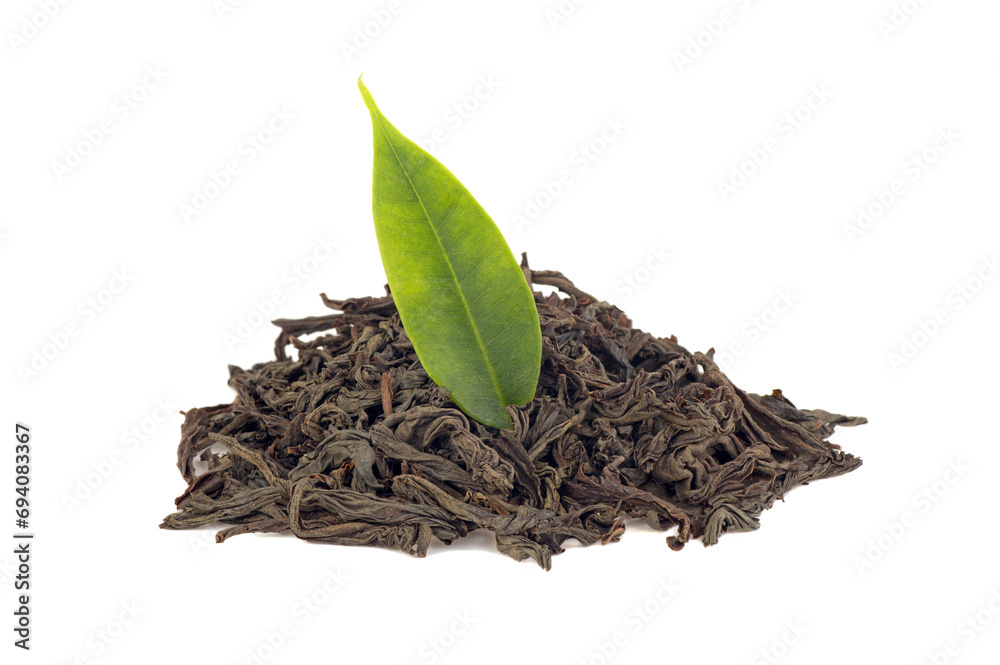 Pile of green tea. Large dried leaf. Isolated on white background. Pile of green tea. Large dried leaf. Isolated on white background.