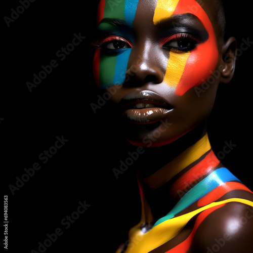 Fashion editorial Concept. Stunning beautiful black woman high fashion in bright neon colourful clay makeup paint. illuminated with dynamic composition and dramatic lighting. copy text space