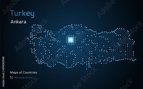 Turkey Map with a capital of Ankara Shown in a Microchip Pattern with processor. E-government. World Countries vector maps.