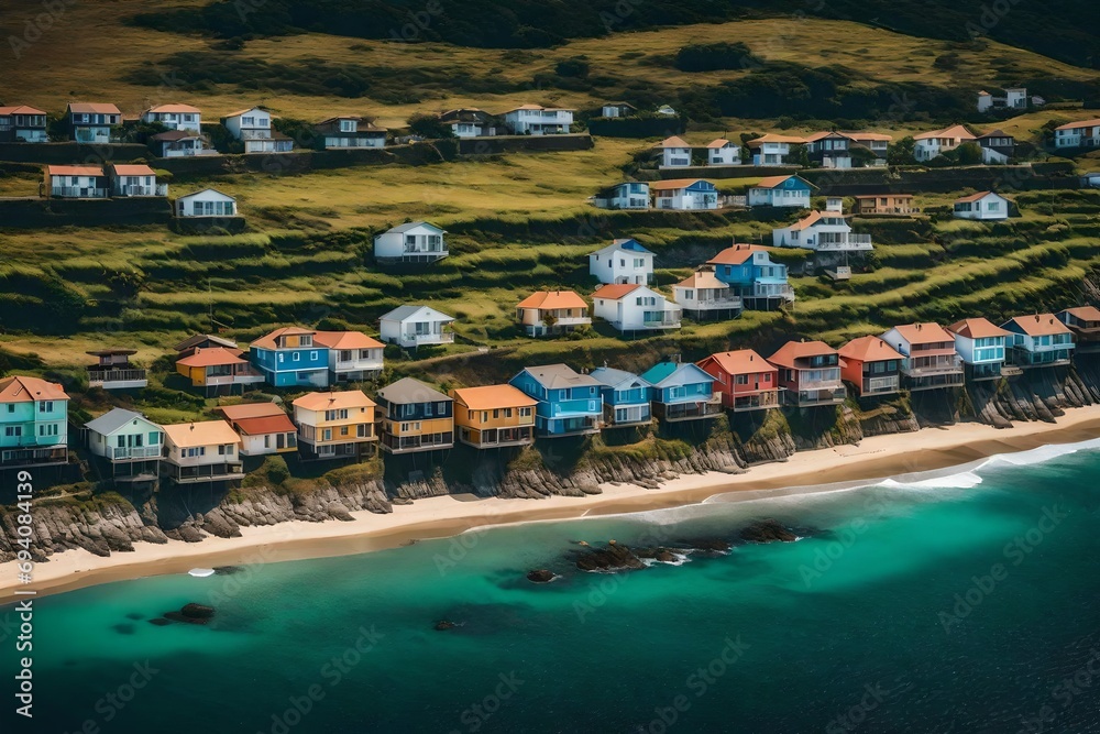 scenic view of houses near seashore.