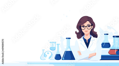 copy space, simple vector illustration, simple colors, woman in a laboratory. International Day of Women and Girls in Science. Vector illustration of a woman working in a laboratory.