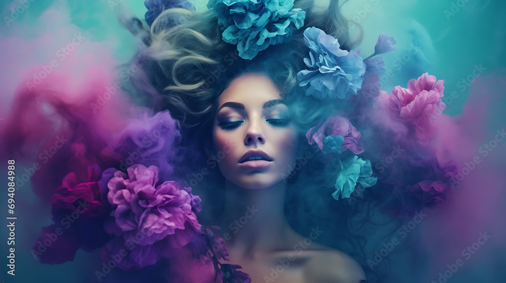 beautiful woman in purple smoke with flowers in her hair,