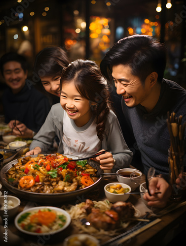 A cheerful family moment as they savor a Chinese New Year's feast illuminated by festive lanterns.
