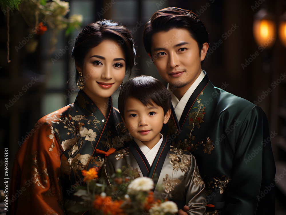 A family in traditional Korean hanbok poses warmly, highlighting the beauty of cultural attire and togetherness. A family in traditional Korean hanbok poses warmly, highlighting the beauty of cultural attire and togetherness.