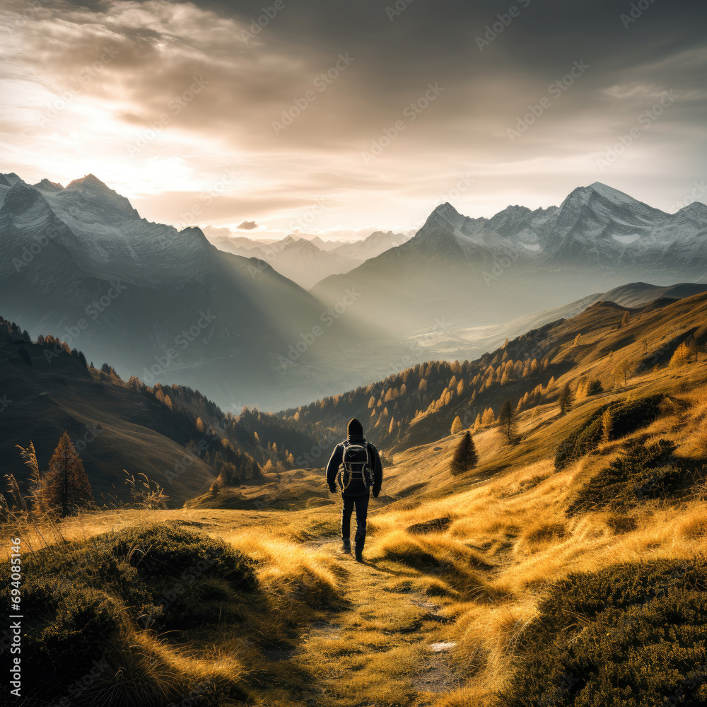 hiking in the Mountain landscape sunrise in autumn season with solitary figure