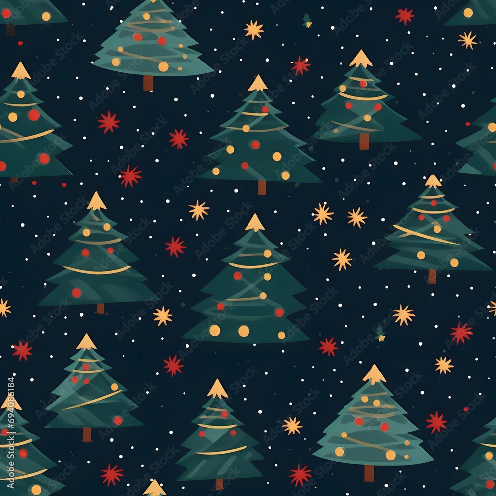 Colorful christmas trees and stars as abstract background, wallpaper, banner, texture design with pattern - vector. Dark colors.