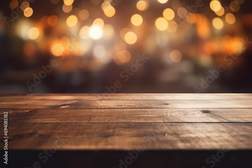 Empty wooden table top with lights bokeh on blur background An empty wooden counter table top for product display Ai generated