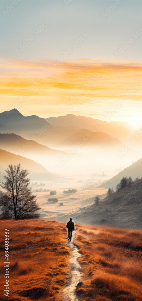 Mountain landscape sunrise in autumn season with solitary figure