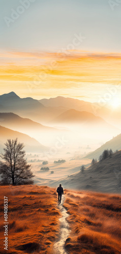 Mountain landscape sunrise in autumn season with solitary figure