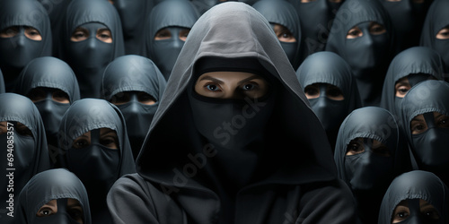 Sekten Anhänger mit schwarzen Masken und Umhang verhüllt im Querformat für Banner, ai generativ photo
