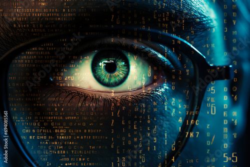 Human eye in glasses with binary code over it. Data network and cyber security technology. Futuristic tech of virtual cyberspace and internet secure photo