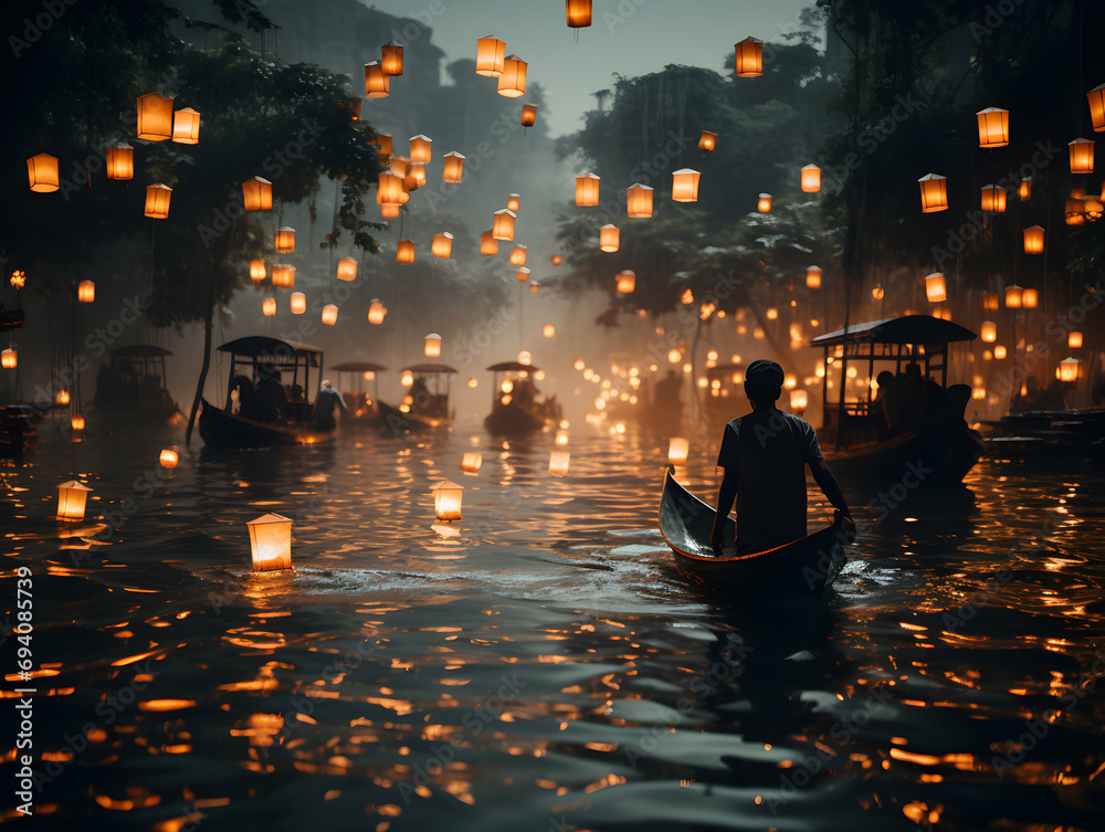 Solitary gondolier amidst floating lanterns in a serene evening ritual. - obrazy, fototapety, plakaty 
