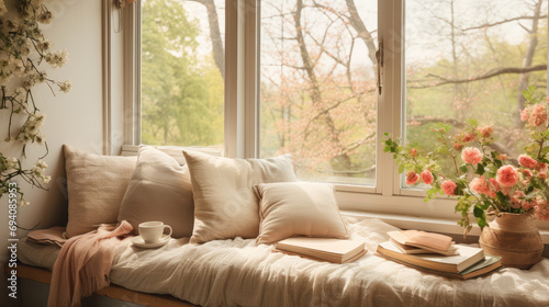 Gentle pillows, blankets, and fabrics by a cozy daytime spring windowsill