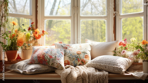Gentle pillows, blankets, and fabrics by a cozy daytime spring windowsill