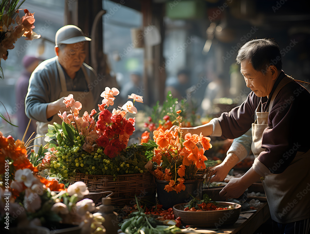 In a serene market scene, artisans are engrossed in arranging vibrant New Year flowers.