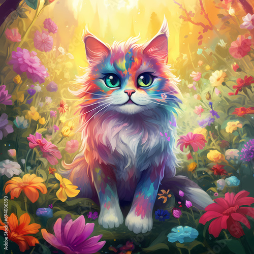 Generative AI, An adorable and unique cat with rainbow photo