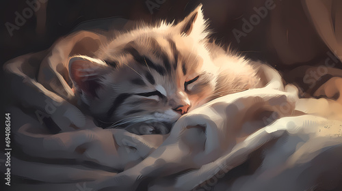 Generative AI, A sleeping kitten curled up in a cozy nook surrounded photo