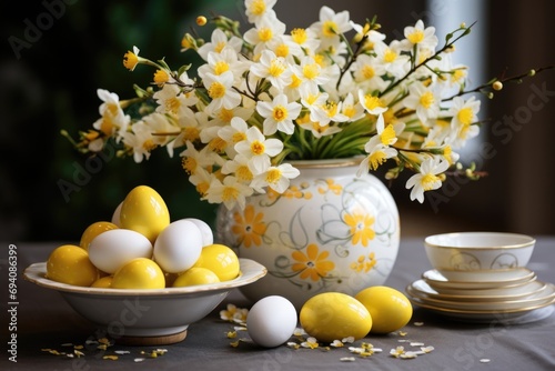 Yellow Easter eggs and spring flowers in a vase