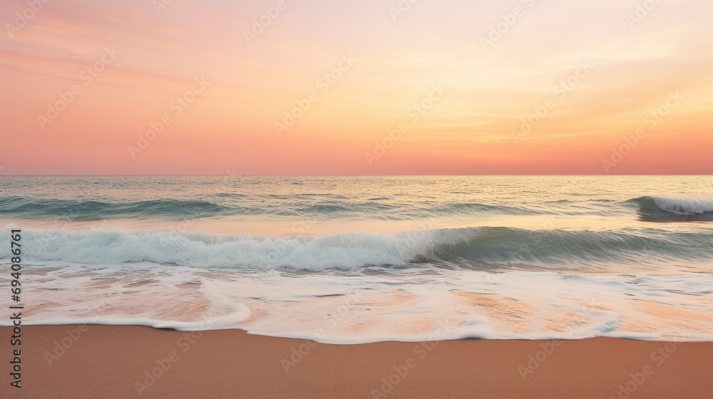 Fototapeta premium Sunset over ocean, golden and pink hues, soft waves reflection