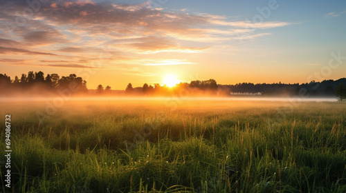 Open field at dawn, misty, dewy grass, sun peeking over horizon, serenity, freedom, natural colors, wide-angle photo