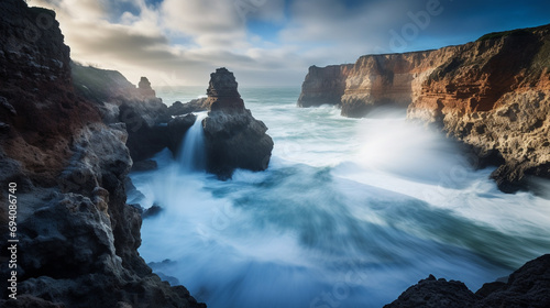 Powerful waves, jagged cliffs, raw strength, fluidity, light on froth and foam, dramatic overpowering nature, long-exposure