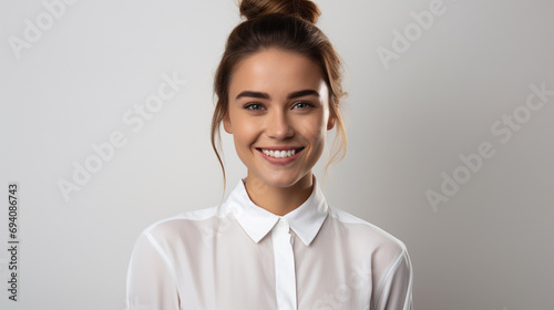 Smiling young woman, business outfit, hair bun, warm lighting, white background photo