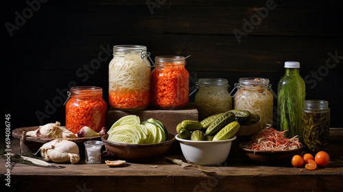 fermented foods, sauerkraut, kimchi, pickles, kombucha, rustic wooden table, color richness, texture, beneficial bacteria photo