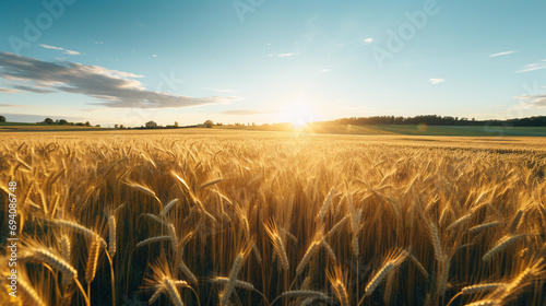 Sun-drenched oat field, gentle breeze, drone perspective, golden waves, bright blue sky, golden hour, warm tone photo