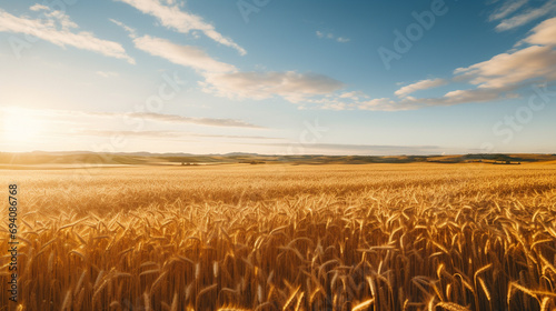 Sun-drenched oat field, gentle breeze, drone perspective, golden waves, bright blue sky, golden hour, warm tone photo