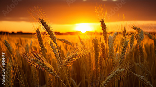 Yellow sunset, serene wheat field, golden light, wheat head reflection, dreamy effect photo