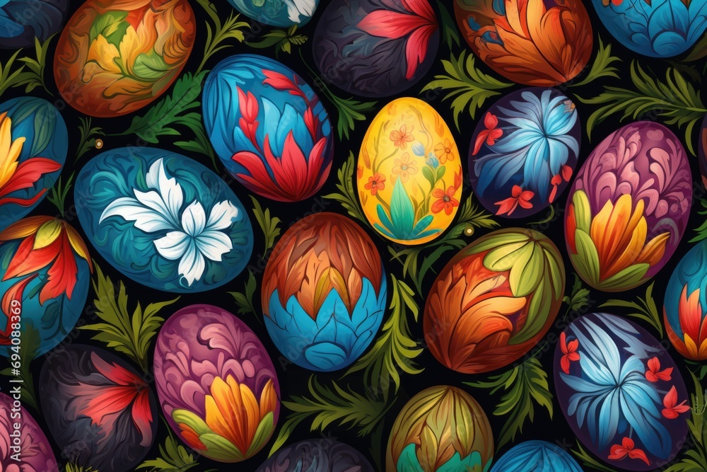 Easter eggs with multicolored patterns on black background