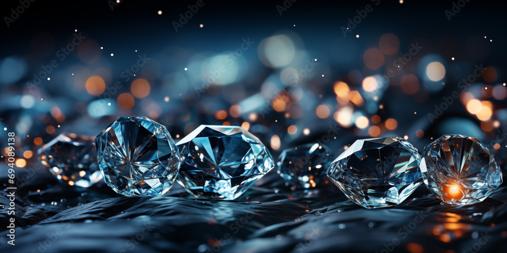 Ungeschliffene Glas Steine wie Rohdiamanten in blauen Farben im schönen Glanz als Querformat für Banner, ai generativ - obrazy, fototapety, plakaty 
