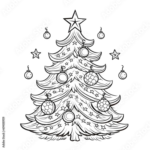 Christmas tree with star and baubles. Black and white coloring page. Xmas tree as a symbol of Christmas of the birth of the Savior.
