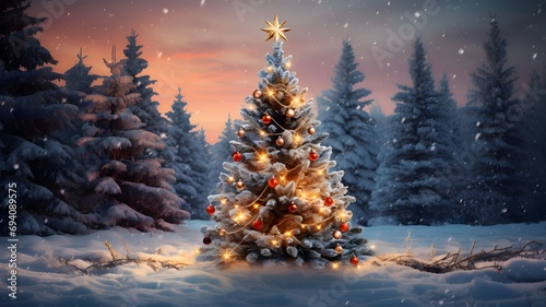Winter landscape at dawn, Christmas tree with lights in the middle of the forest.Christmas banner with space for your own content.