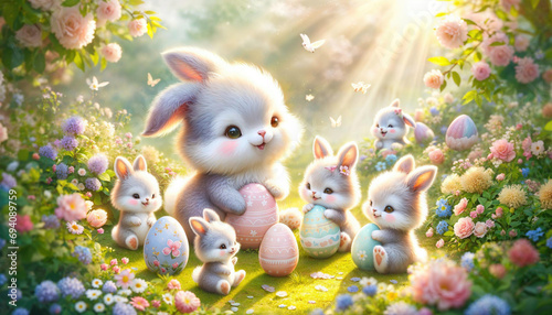 Enchanted Easter Bunnies with Eggs in Magical Garden, Whimsical Spring Scene