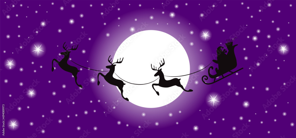 Naklejka premium Christmas and new year reindeer with santa claus on a sleign. Moon, snowflakes, houses and christmas trees background. Vector illustration.
