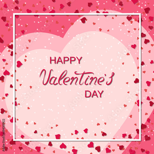 Valentine's Day elegant vector illustration. Pink background with hearts and lettering
