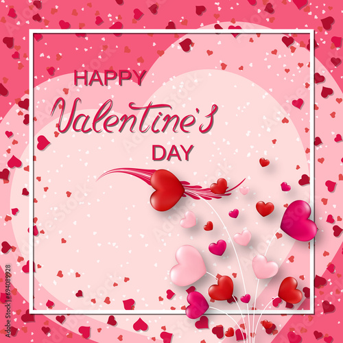 Valentine's Day elegant vector illustration. Pink background with hearts and lettering
