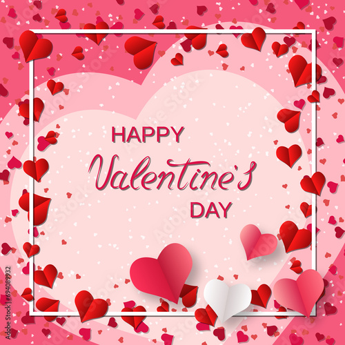 Valentine's Day elegant vector illustration. Pink background with hearts and lettering
