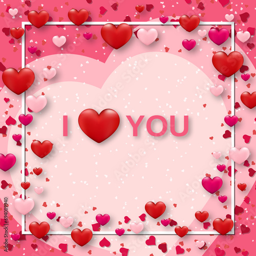 Valentine's Day elegant vector illustration. Pink background with hearts and lettering

