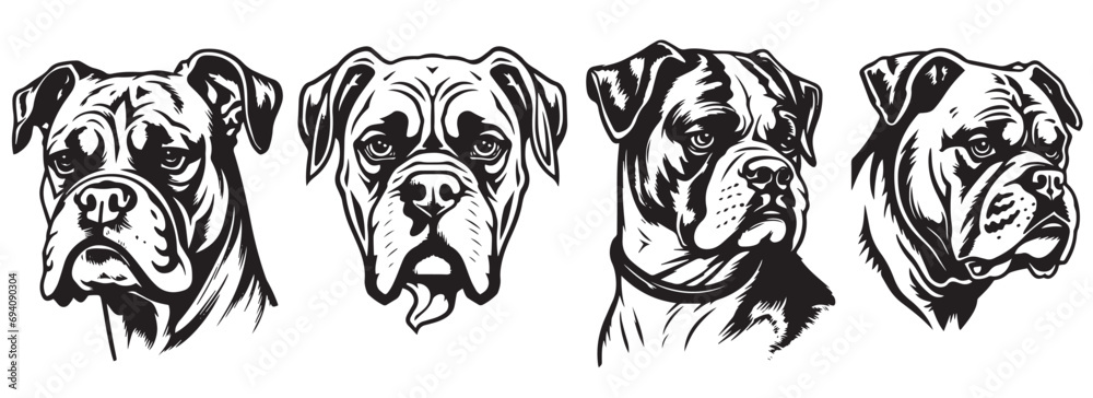 Boxer dogs heads, vector black illustration, silhouette image of animal, laser cutting