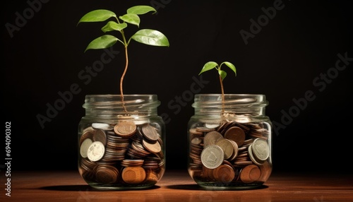 Young tree in a glass jar with coins on a dark background