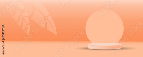 Peach background in 2024 color with Podium object and leaves. Peach Fuzz color. Vector illustration. Gradient blurred background with copy space. Cylinder pedestal podium with pastel peach color