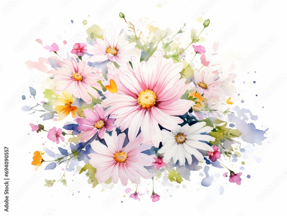 Minimalistic Watercolor Illustration of Meadow with White and Pink Spring Daisy Flowers AI Generated