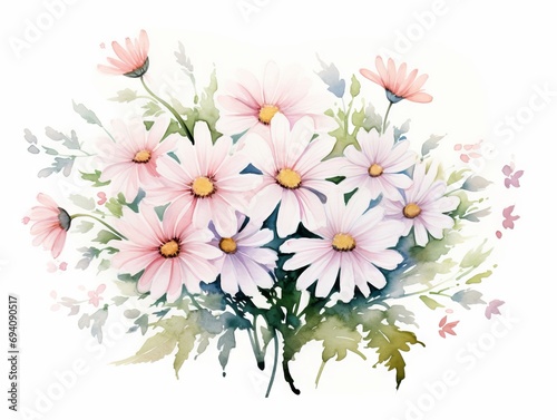 Minimalistic Watercolor Meadow with White and Pink Spring Daisy Flowers AI Generated © Alex
