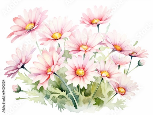 Minimalistic Watercolor Meadow with White and Pink Spring Daisy Flowers AI Generated